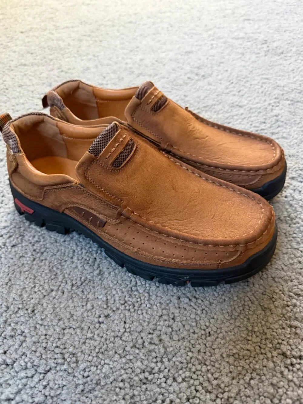 MOSTELO Men's Brown Leather Slip On Hiking Walking Loafers Trail Shoes EU 44 EUC